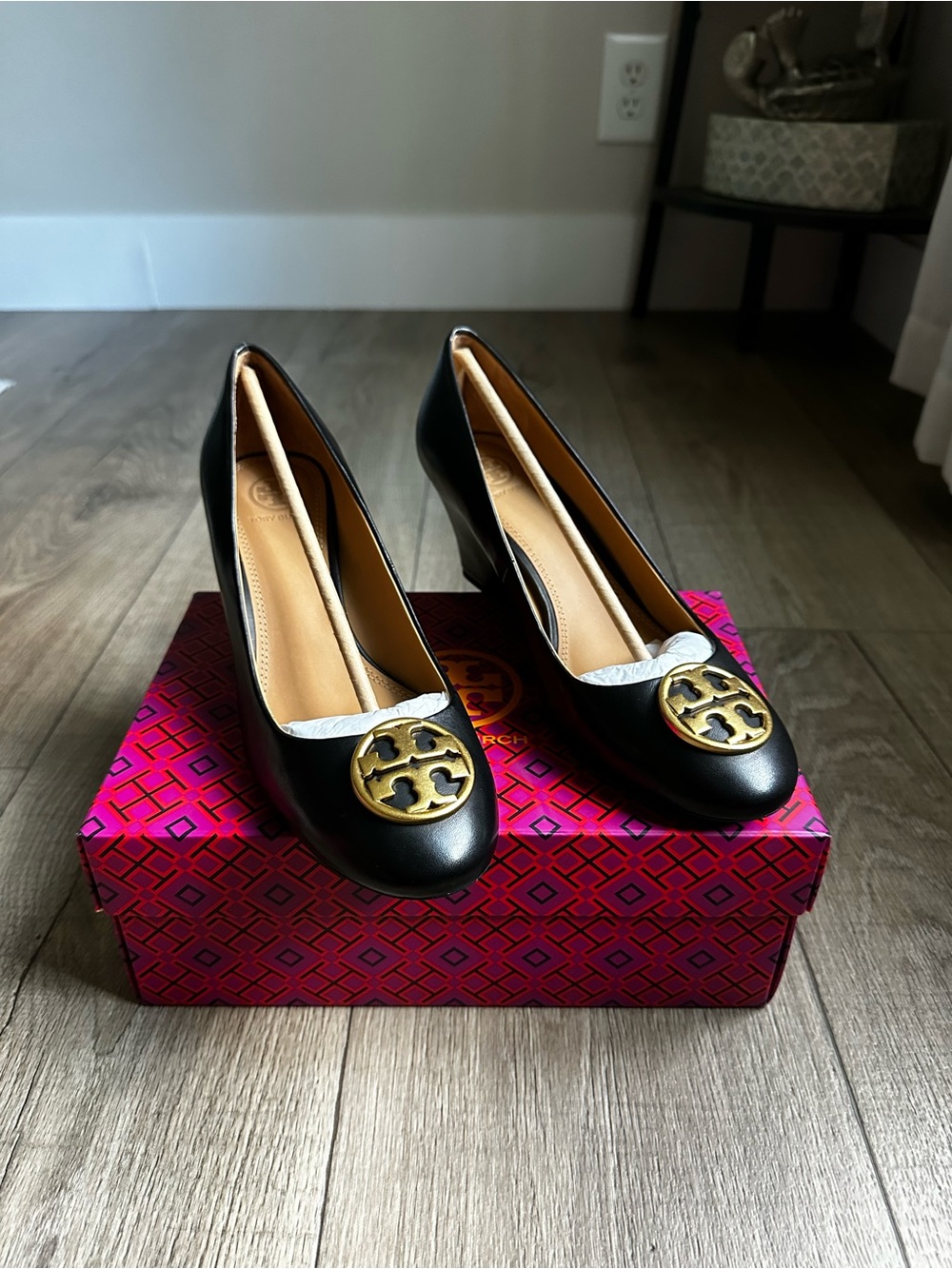 Tory Burch Black Leather Wedge Heels
